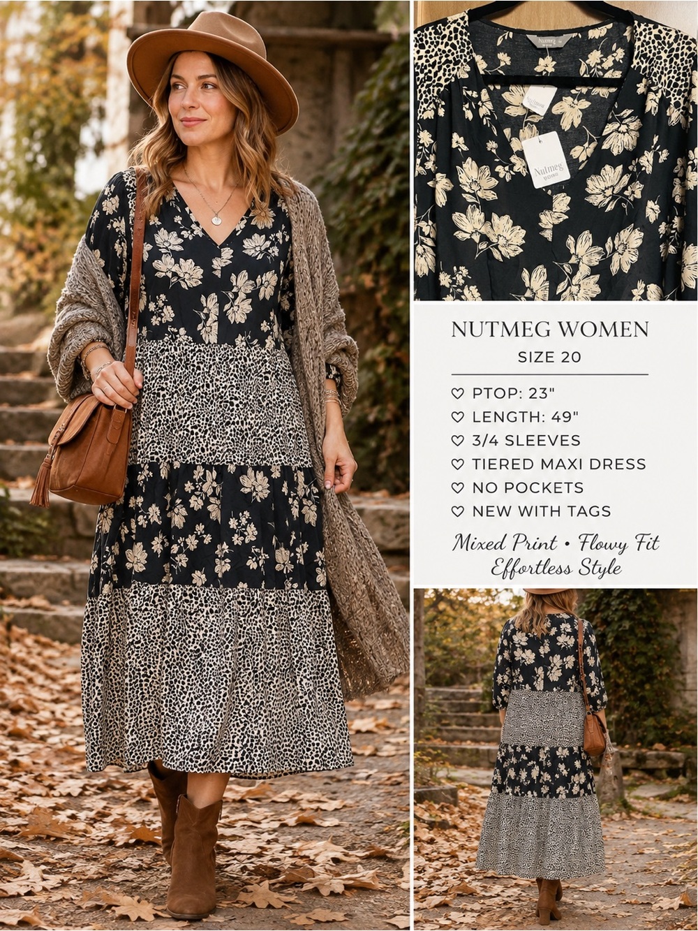 NWT Nutmeg Women Size 20 Mixed Print Tiered Maxi Dress Black Cream